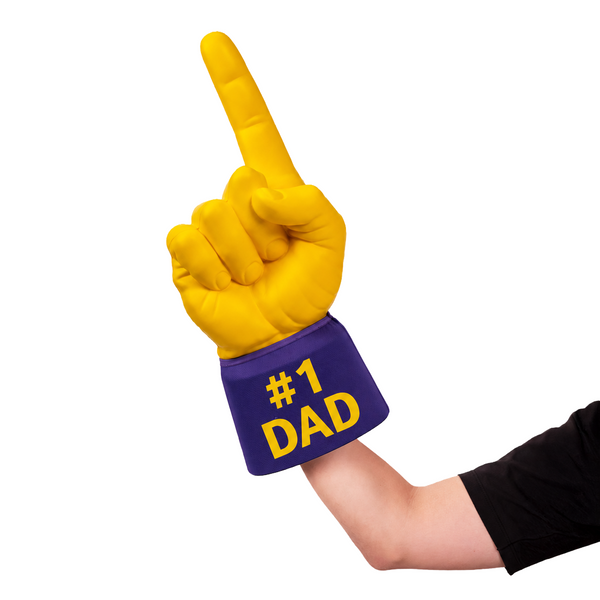 Fan wearing #1 Dad RadHand Foam Finger - Yellow & Purple for game day