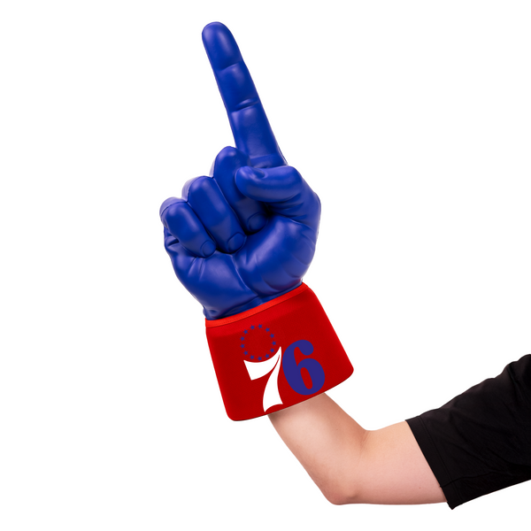 Fan wearing Philadelphia 76ers RadHand Foam Finger with blue hand for game day