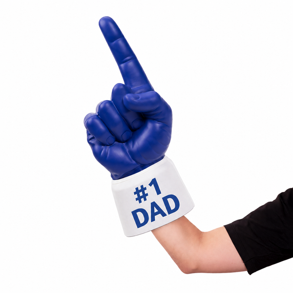 Fan wearing #1 Dad RadHand Foam Finger - Royal Blue & White for game day