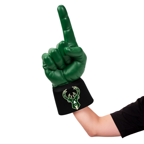 Fan wearing Milwaukee Bucks RadHand Foam Finger for game day