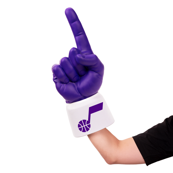 Fan wearing Utah Jazz RadHand Foam Finger for game day