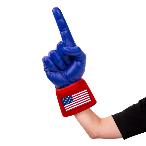 Fan wearing United States RadHand Foam Finger - Royal Blue & Red for international soccer match day