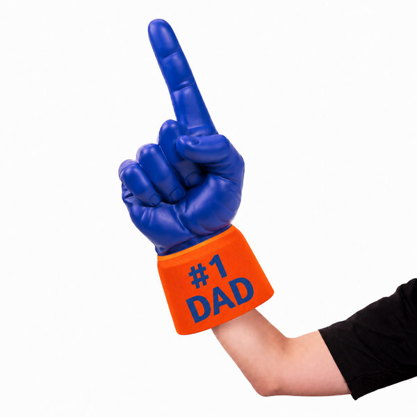 Fan wearing #1 Dad RadHand Foam Finger - Royal Blue & Orange for game day