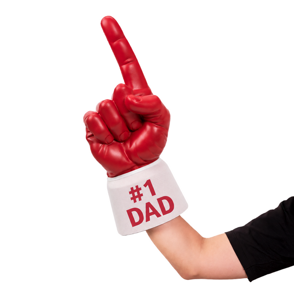 Fan wearing #1 Dad RadHand Foam Finger - Dark Red & White for game day