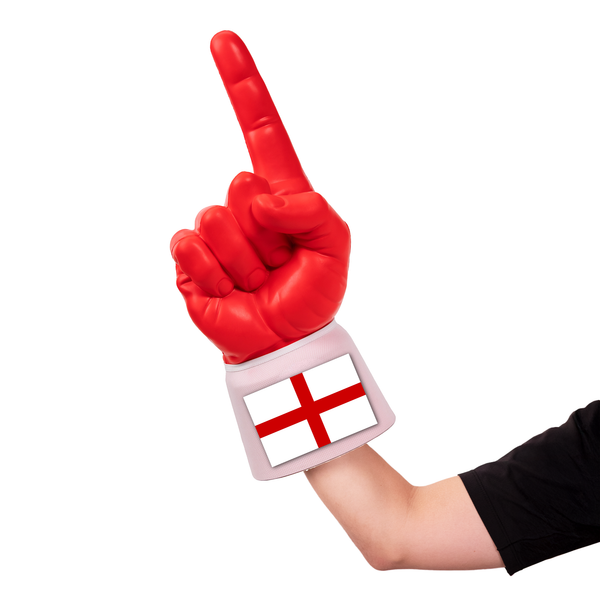 Fan wearing England RadHand Foam Finger for international soccer match day