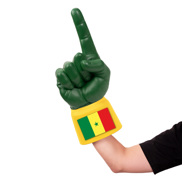 Fan wearing Senegal RadHand Foam Finger for international soccer match day