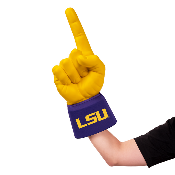 Fan wearing Louisiana State University LSU RadHand Foam Finger with yellow hand for game day
