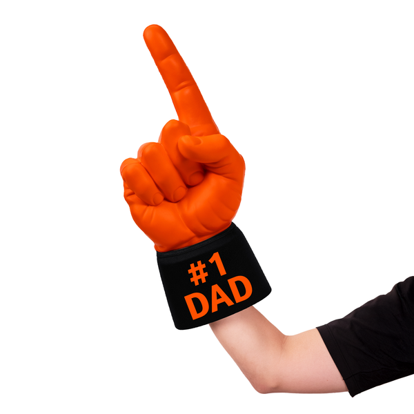 Fan wearing #1 Dad RadHand Foam Finger - Orange & Black for game day