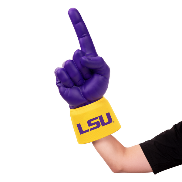 Fan wearing Louisiana State University LSU RadHand Foam Finger with purple hand for game day