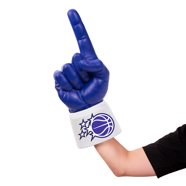 Fan wearing Orlando Magic RadHand Foam Finger with white sleeve for game day