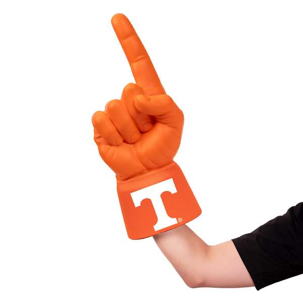 Fan wearing University of Tennessee Knoxville RadHand Foam Finger with orange sleeve for game day