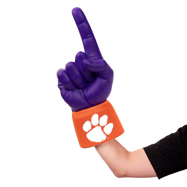 Fan wearing Clemson University RadHand Foam Finger for game day