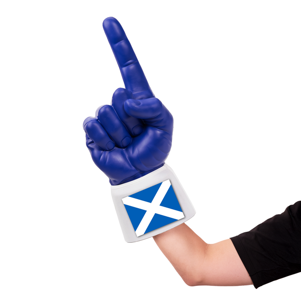 Fan wearing Scotland RadHand Foam Finger for international soccer match day