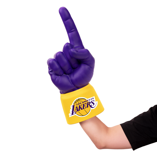Fan wearing Los Angeles Lakers RadHand Foam Finger with purple hand for game day
