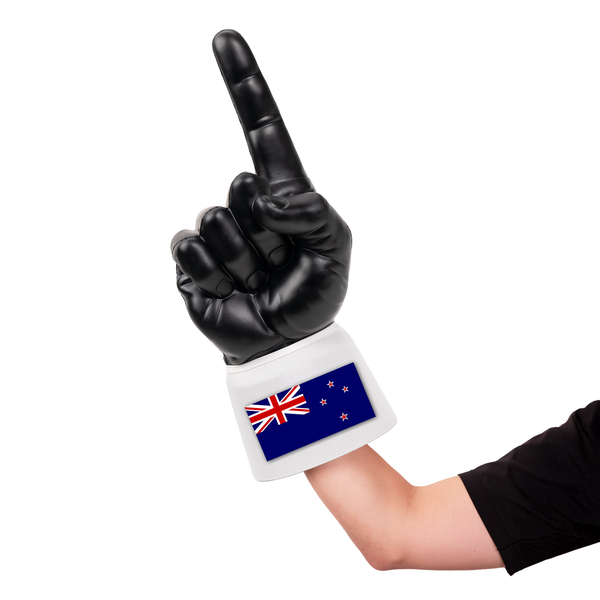 Fan wearing New Zealand RadHand Foam Finger for international soccer match day