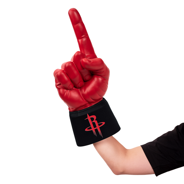 Fan wearing Houston Rockets RadHand Foam Finger for game day