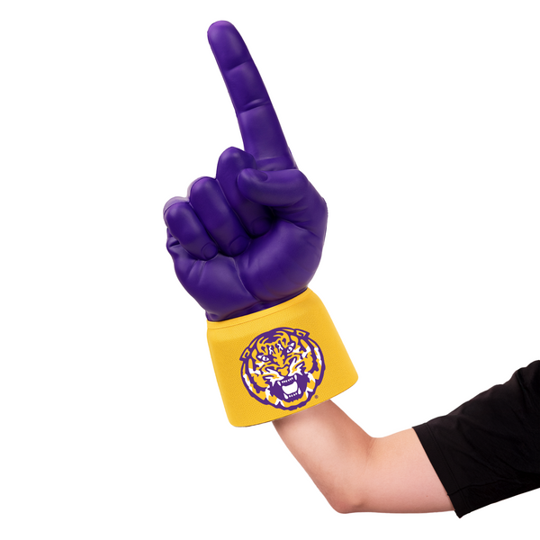 Fan wearing LSU Tiger Logo RadHand Foam Finger with purple hand for game day