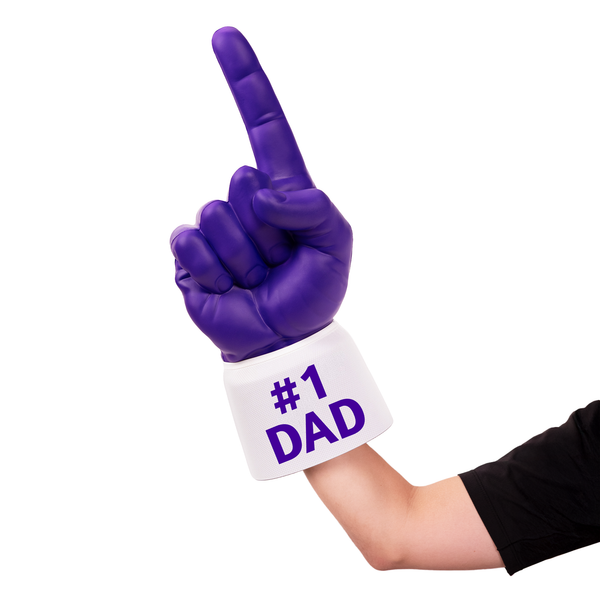 Fan wearing #1 Dad RadHand Foam Finger - Purple & White for game day