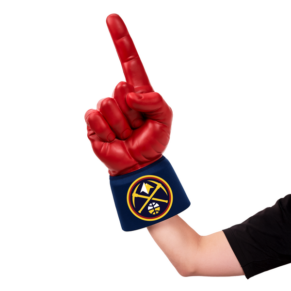 Fan wearing Denver Nuggets RadHand Foam Finger for game day