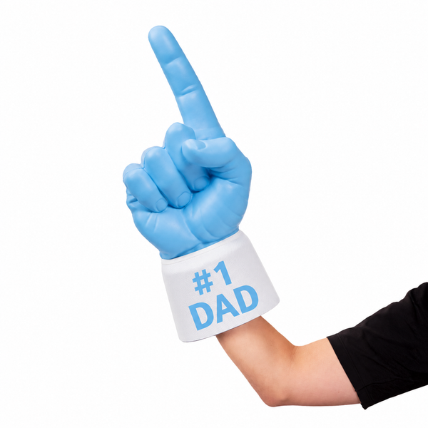 Fan wearing #1 Dad RadHand Foam Finger - Light Blue & White for game day
