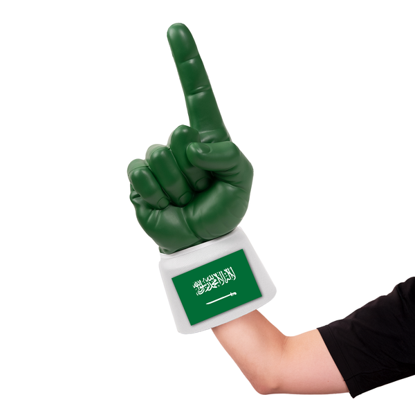 Fan wearing Saudi Arabia RadHand Foam Finger for international soccer match day