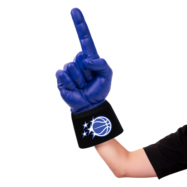 Fan wearing Orlando Magic RadHand Foam Finger with black sleeve for game day
