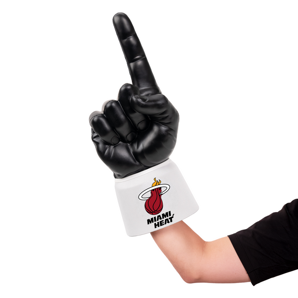 Fan wearing Miami Heat RadHand Foam Finger with white sleeve for game day