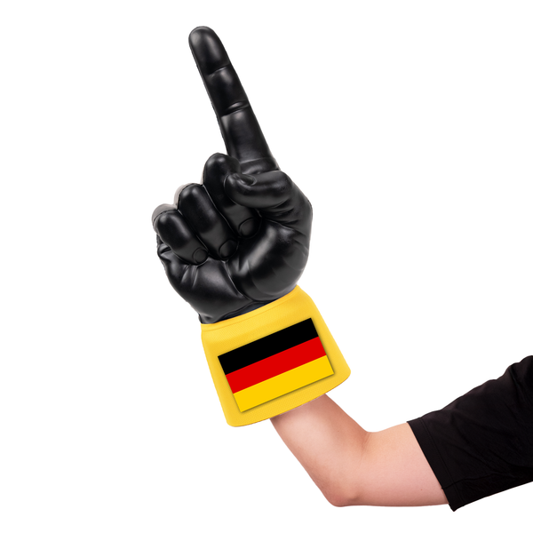 Fan wearing Germany RadHand Foam Finger for international soccer match day