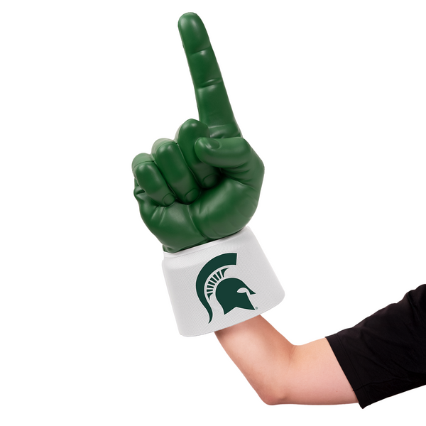 Fan wearing Michigan State University RadHand Foam Finger for game day