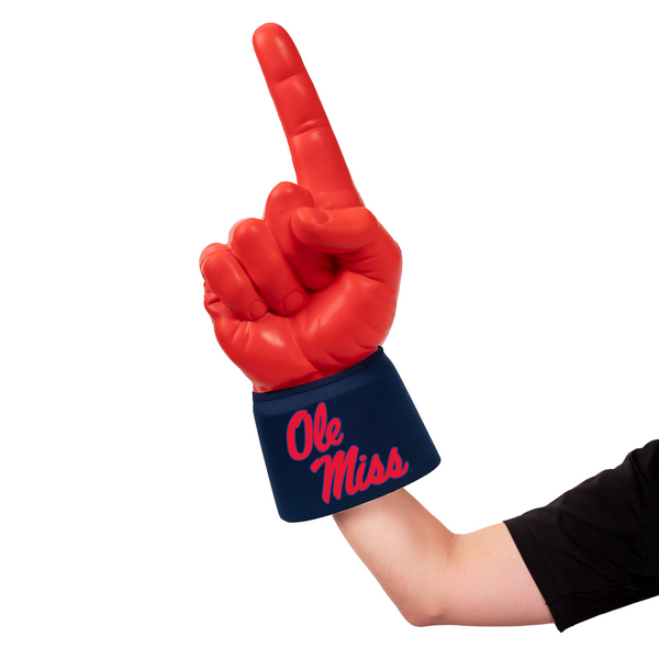 Fan wearing The University of Mississippi RadHand Foam Finger for game day