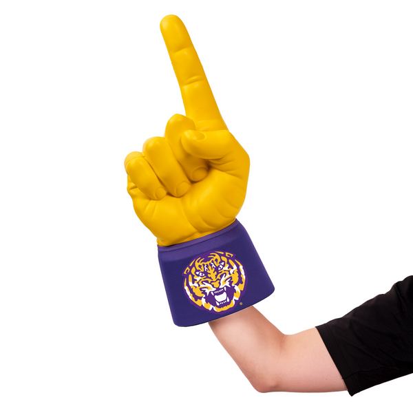Fan wearing LSU Tiger Logo RadHand Foam Finger with yellow hand for game day