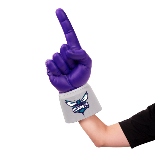 Fan wearing Charlotte Hornets RadHand Foam Finger for game day