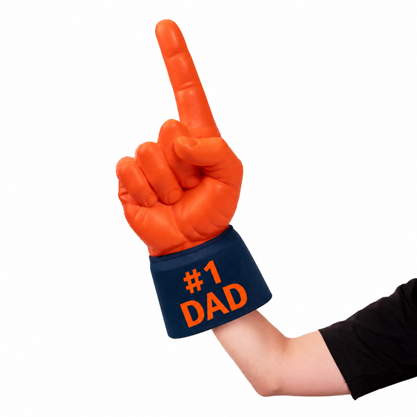 Fan wearing #1 Dad RadHand Foam Finger - Orange & Navy for game day