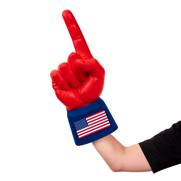 Fan wearing United States RadHand Foam Finger - Bright Red & Royal Blue for international soccer match day