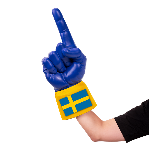 Fan wearing Sweden RadHand Foam Finger for international soccer match day