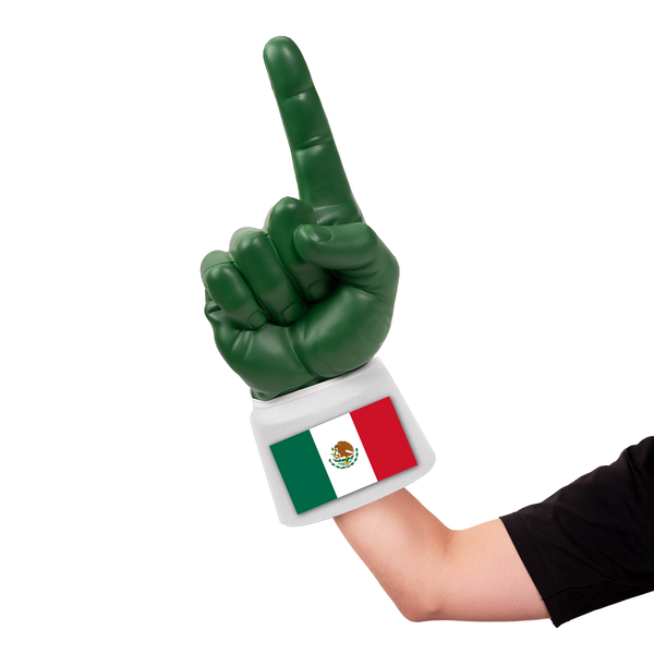 Fan wearing Mexico RadHand Foam Finger for international soccer match day