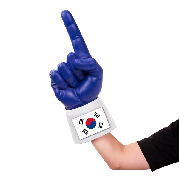 Fan wearing South Korea RadHand Foam Finger for international soccer match day