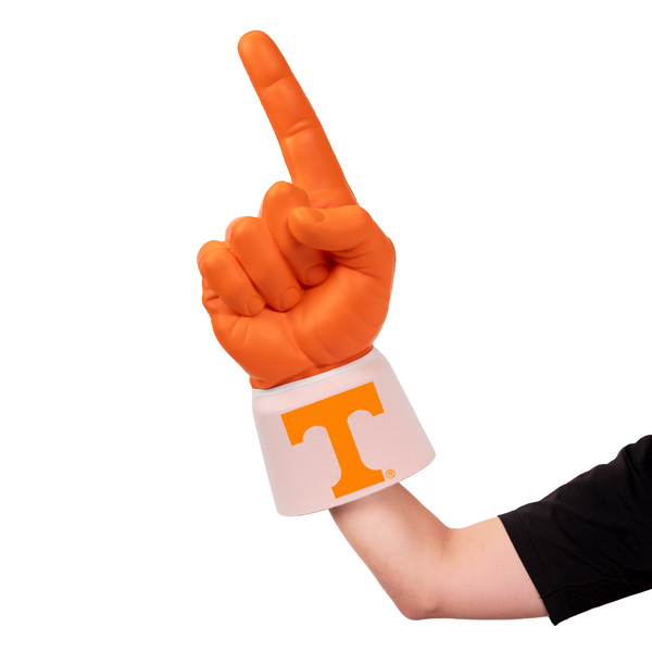 Fan wearing University of Tennessee Knoxville RadHand Foam Finger with white sleeve for game day