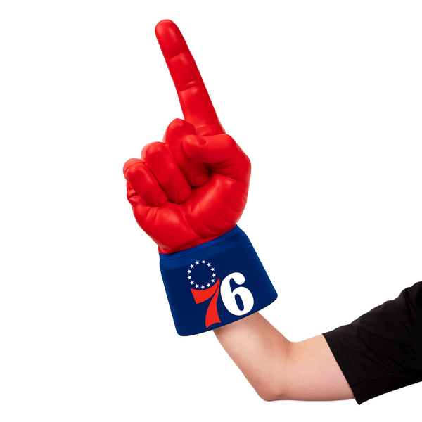 Fan wearing Philadelphia 76ers RadHand Foam Finger with red hand for game day