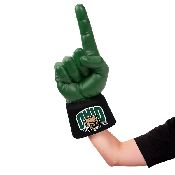 Fan wearing Ohio University RadHand Foam Finger for game day