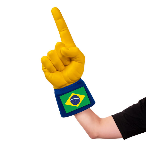 Fan wearing Brazil RadHand Foam Finger for international soccer match day