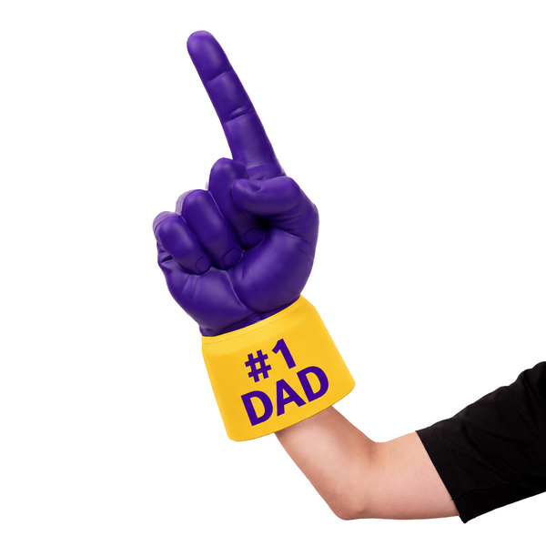 Fan wearing #1 Dad RadHand Foam Finger - Purple & Yellow for game day