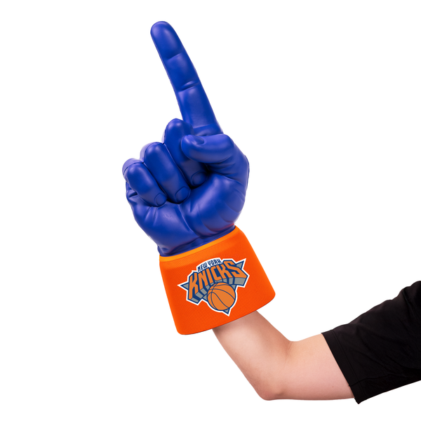 Fan wearing New York Knicks RadHand Foam Finger for game day