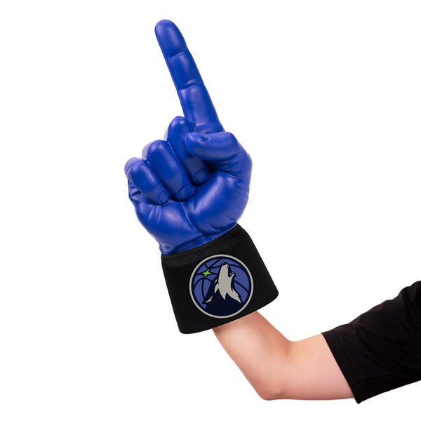 Fan wearing Minnesota Timberwolves RadHand Foam Finger for game day